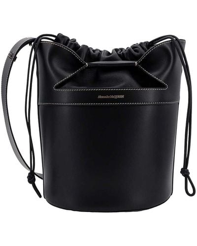 Alexander McQueen Leather Bucket Bag With Logo Print - Black