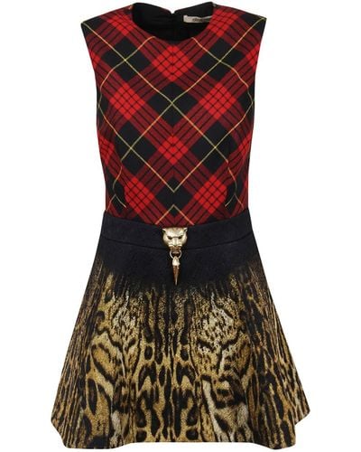 Roberto Cavalli Mini Dress With Tartan Top And Leopard Skirt - Red