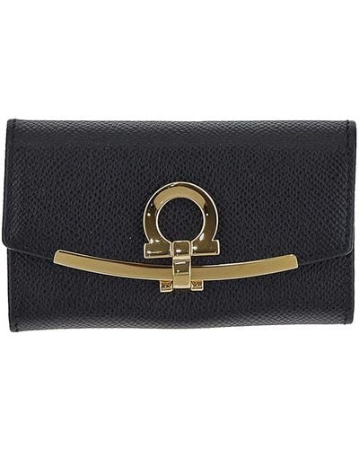 Valextra Coin Purse In Grained With Flap - Black
