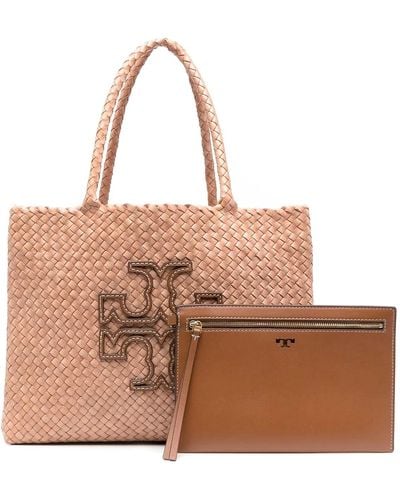 Tory Burch Mcgraw Dragon Woven Tote With Pouch And Logo - Brown