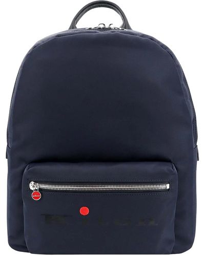 Kiton Nylon And Leather Backpack With Logo Print - Blue