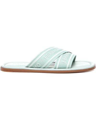 Ferragamo Round Toe Slide Sandals With Logo - Blue