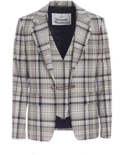 Vivienne Westwood Checked Jacket With Inner Vest In - Grey