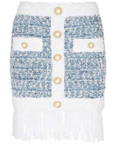 Balmain Powder Blue/white Tweed Fringed Skirt