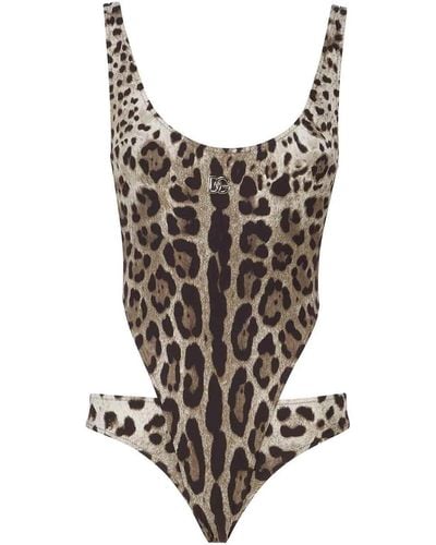 Dolce & Gabbana Leopard Print One-piece Swimsuit With Cut-out - Brown