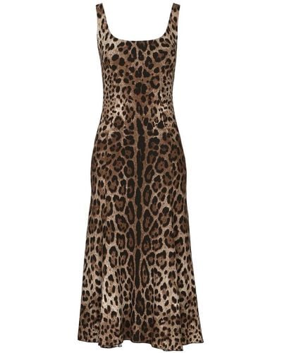 Dolce & Gabbana Leopard-Print Calf-Length Cady Dress - Natural