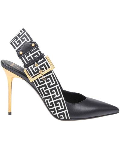 Balmain Slingbacks In Monogram Leather And Canvas - Metallic