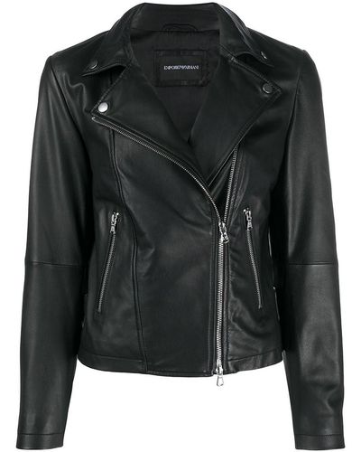 Emporio Armani Leather Zipped Biker Jacket - Black