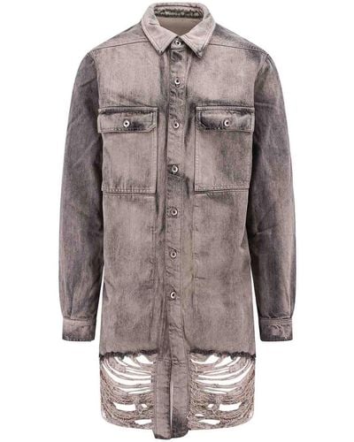 Rick Owens Cotton Shirt With Ripped Effect - Grey