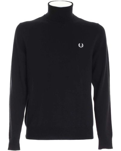 Fred Perry Wool Cotton Blend Turtleneck Jumper - Blue