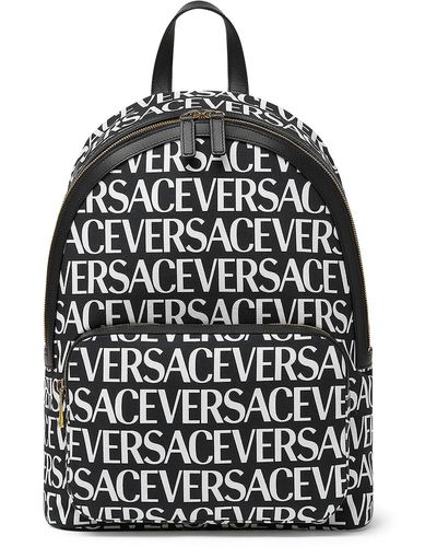 Versace Monogrammed Canvas Backpack With Pocket - Black