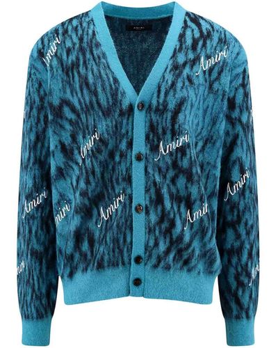 Amiri Mohair Blend Cardigan With Embroidered Logo - Blue