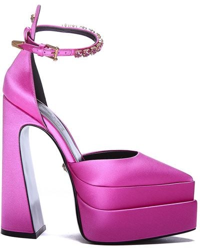 Versace Satin Platform Court Shoes With Rhinestones - Pink