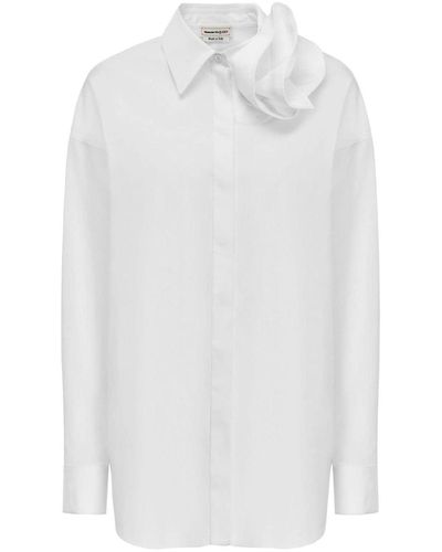 Alexander McQueen Rose-applique Cotton Shirt, Curved Hem - White