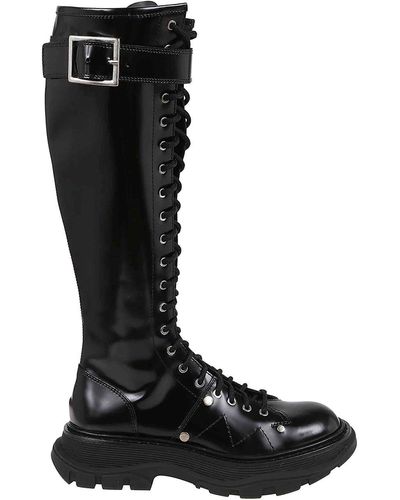 Alexander McQueen Women Tread High Knee Lace Up Boots - Black