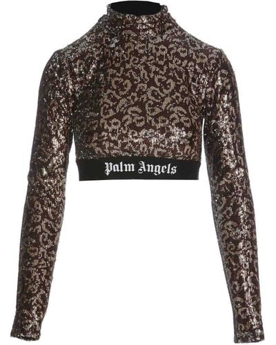 Palm Angels Cropped Logo Sequins Top - Black