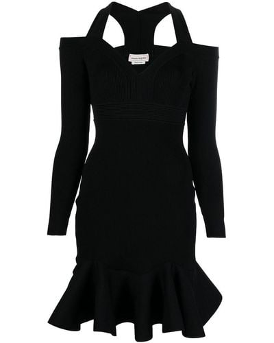 Alexander McQueen Ribbed-knit Dress With Straps And Ruffles - Black