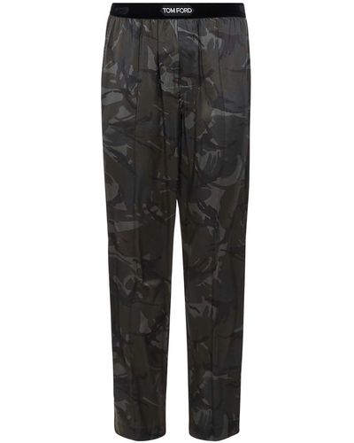 Tom Ford Olive Silk Satin Camouflage Trousers - Black