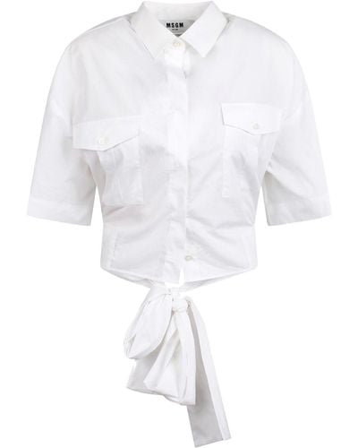 MSGM Short Sleeve Crop Shirt With Bow - White