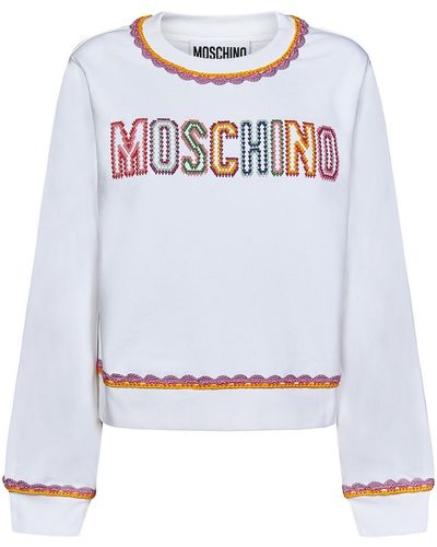 Moschino Sweater With Multicolor Edges And Logo - White