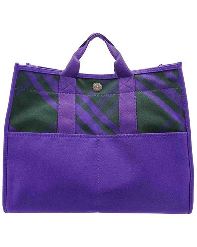 Burberry Canvas Shoulder Bag With Check Motif - Purple