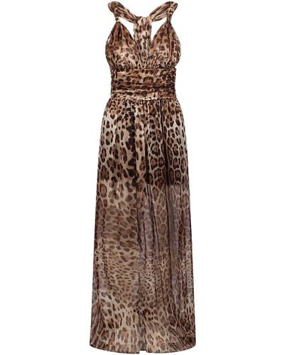 Dolce & Gabbana Long Dress With Leopard Print - Brown