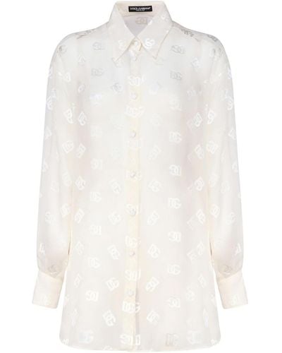 Dolce & Gabbana Devor Silk Satin Shirt With Dg Logo - White