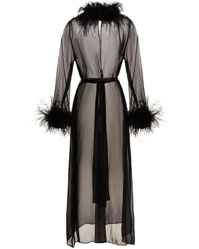 Oséree Transparent Silk Robe With Feathers - Black