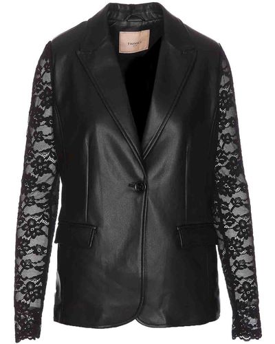 Twin Set Leather Effect Blazer With Lace - Black