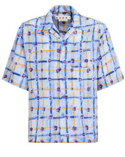 Marni Graphic Print Notched Collar Shirt - Blue