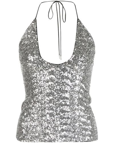 The Attico Alix Halter Neck Sequin Top - Grey