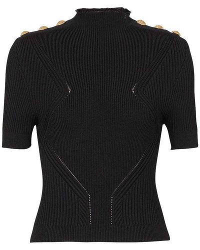 Balmain Gold Embossed Buttons Knitted Top - Black