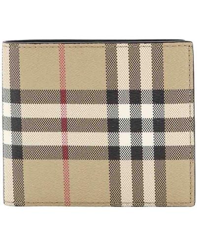 Burberry Caoted Canvas Wallet With Check Motif - Natural