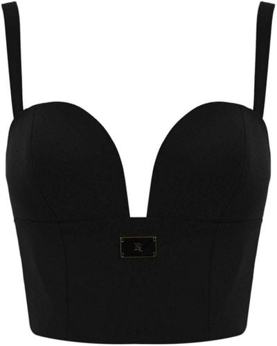 Elisabetta Franchi Crepe Bustier Top With Logo Plaque - Black