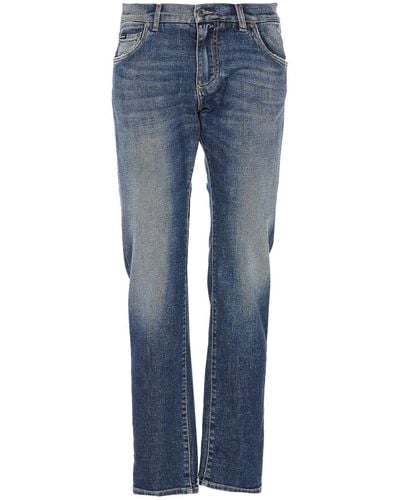 Dolce & Gabbana Denim Jeans With Zip And Plaque Logo - Blue