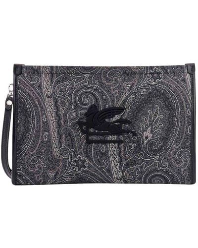 Etro Coated Canvas Clutch With Paisley Motif - Gray