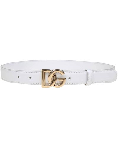 Dolce & Gabbana Calfskin Belt With Crossed Dg Logo - White