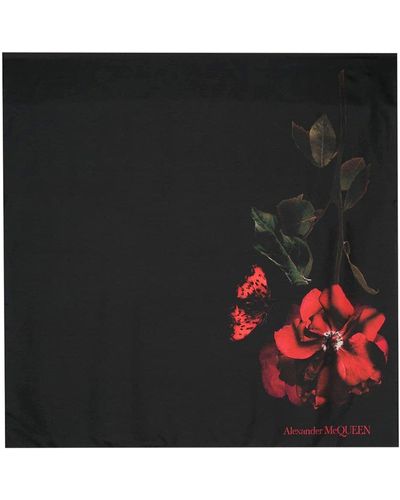 Alexander McQueen Rose Print Silk Scarf - Black