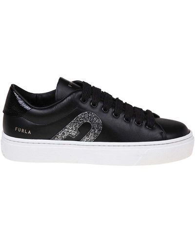 Furla Joy Lace Up Trainer In Leather - Black