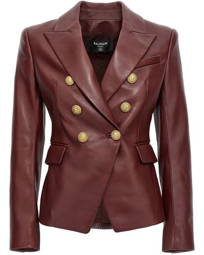 Balmain Double-breasted Leather Blazer - Brown