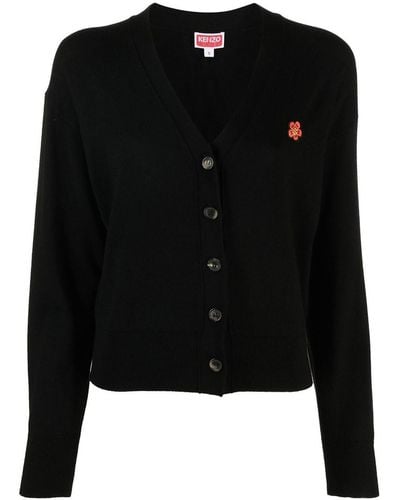 KENZO V-neck Wool Cardigan With Embroidered Logo - Black