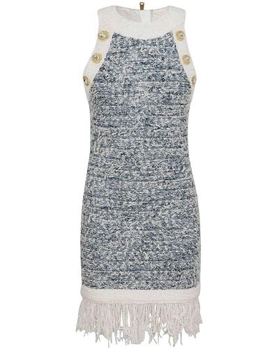 Balmain Fringed Tweed Short Dress - Gray