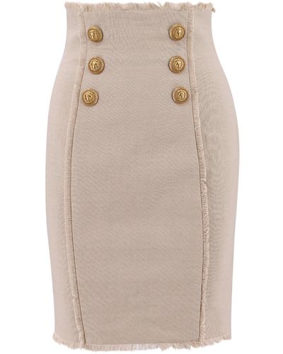 Balmain Linen And Hemp Skirt With Iconic Buttons - Natural