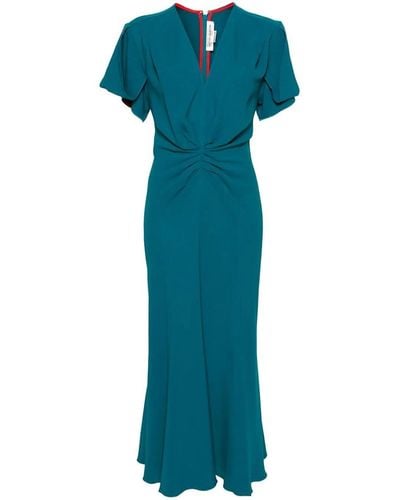 Victoria Beckham Gathered V-neck Midi Dress - Blue