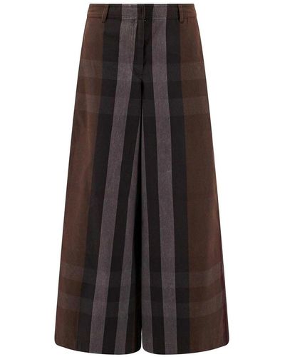 Burberry Wide Leg Trouser With Check Print - Brown