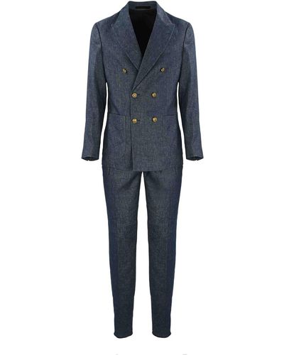 Eleventy Denim Effect Double-breasted Suit - Blue