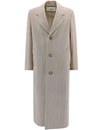 Ami Paris Herringbone Wool Coat - Grey