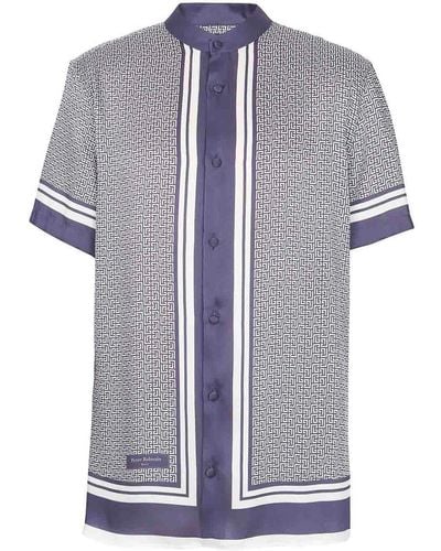 Balmain Dark Purple Monogram-print Short-sleeve Shirt - Blue