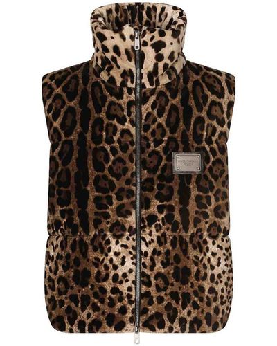 Dolce & Gabbana Leopard Print Puffer Gilet - Brown