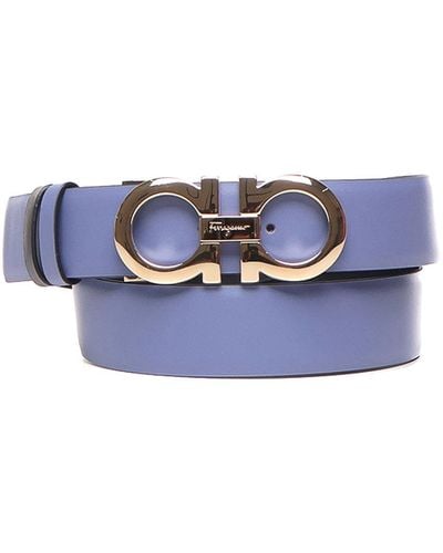 Ferragamo Leather Belt With Metal Gancio Buckle - Blue